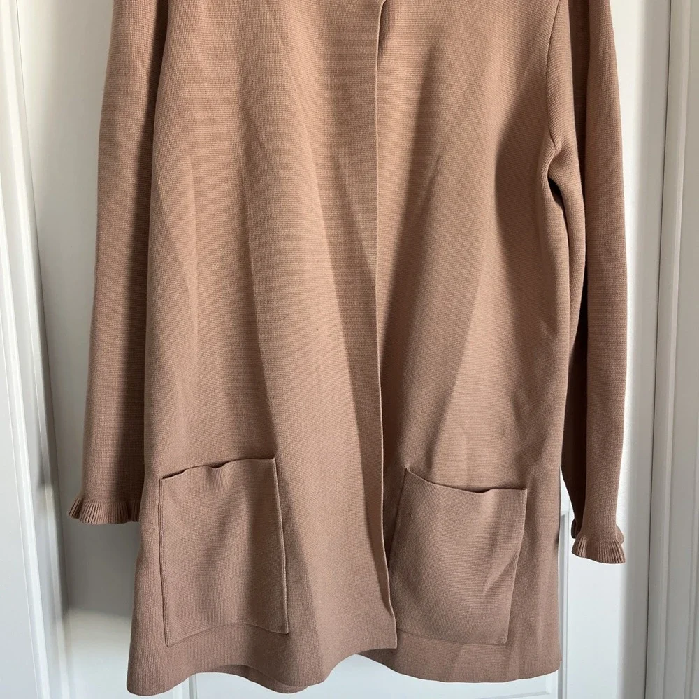 Kate Spade Long Knit Open Cardigan Blazer Sweater XL Ruffle Sleeve Classic Beige